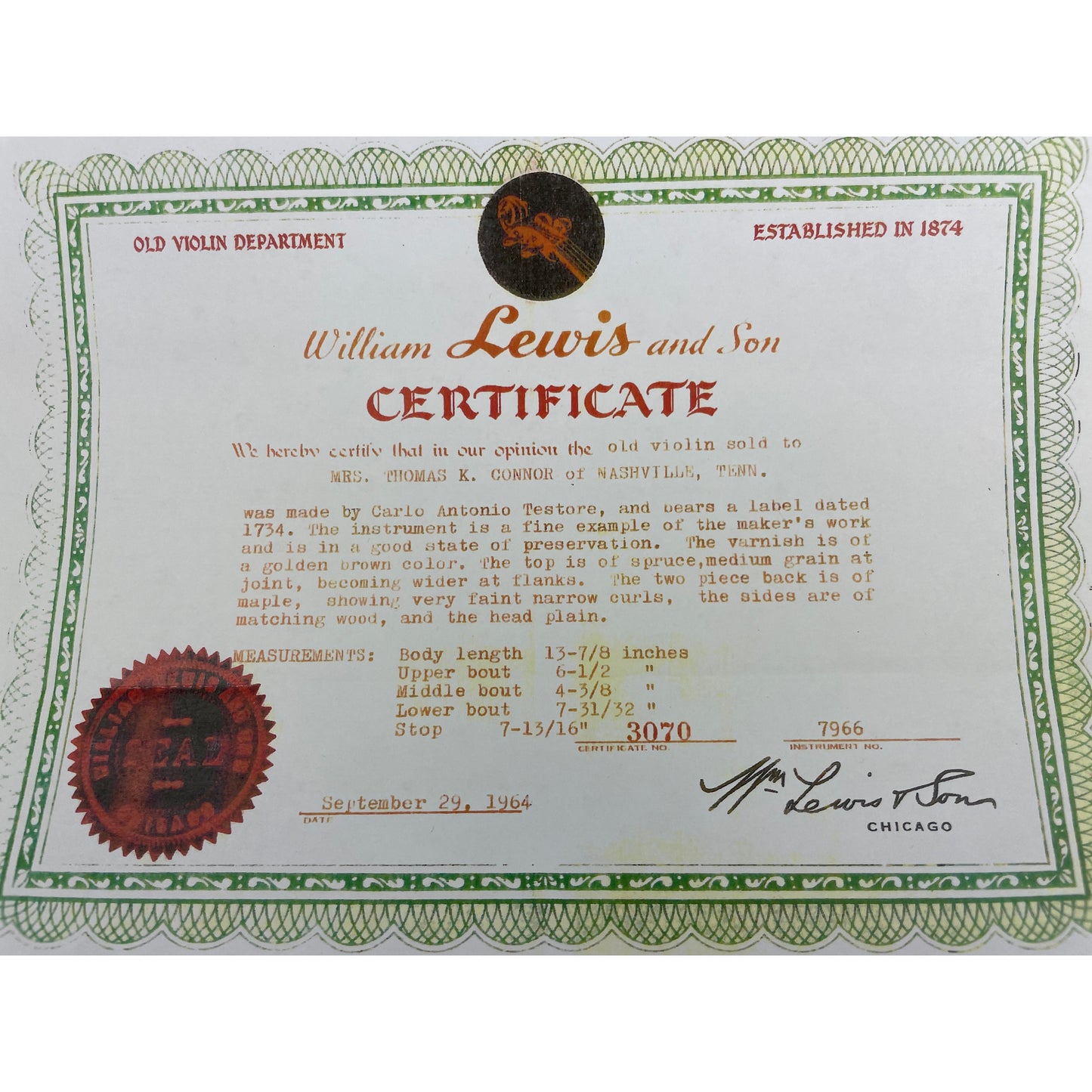 An Important Certified Carlo Antonio Testore Violin